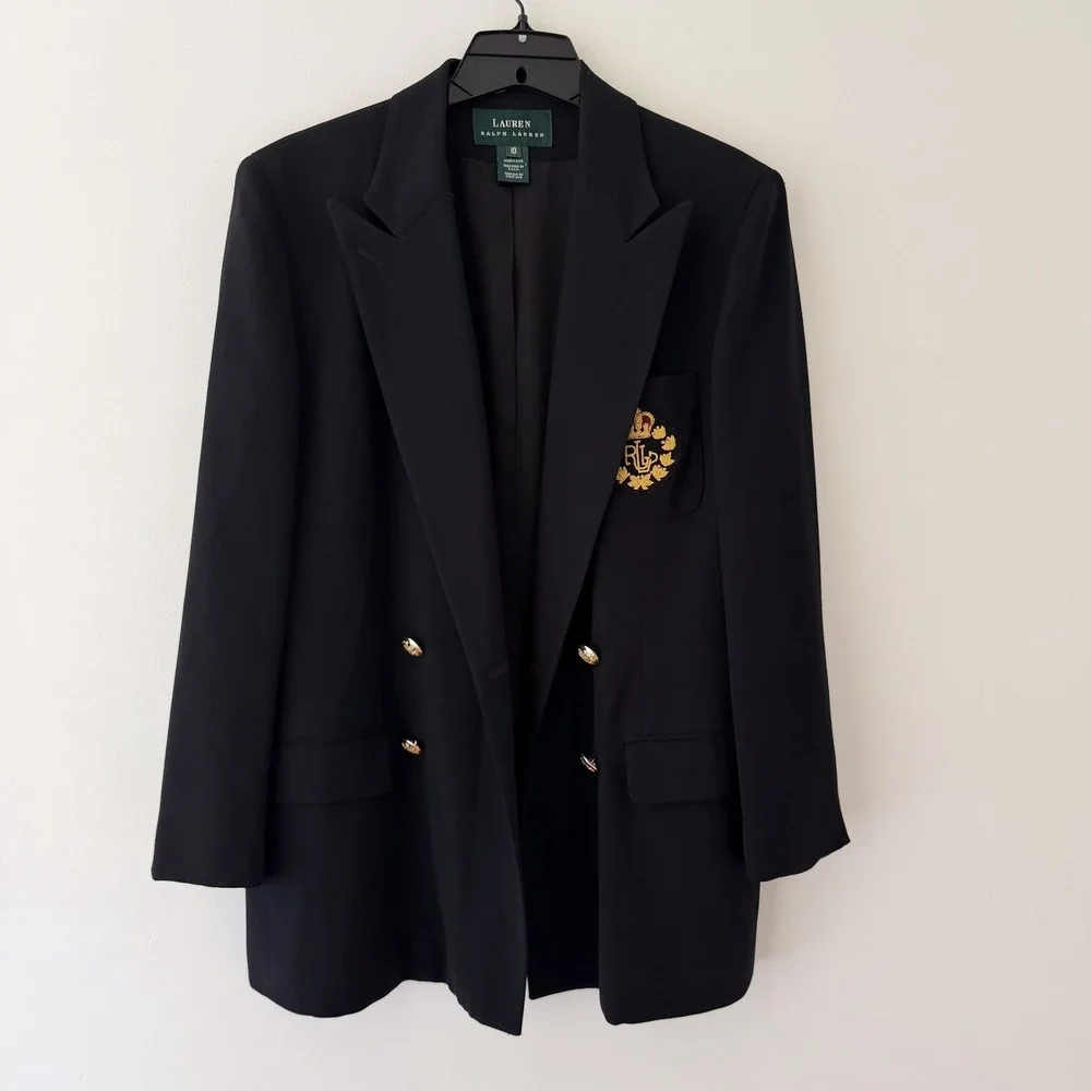 Lauren Ralph Lauren Navy Blue Tailored Blazer Crest Wool Size 10 Double Breasted - Picture 3 of 16